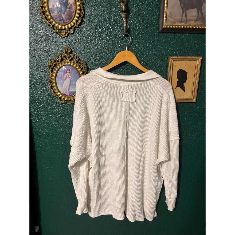 FREE PEOPLE we the free White Waffle Weave Collared Travis Polo Medium Sweatshir - Picture 4 of 4